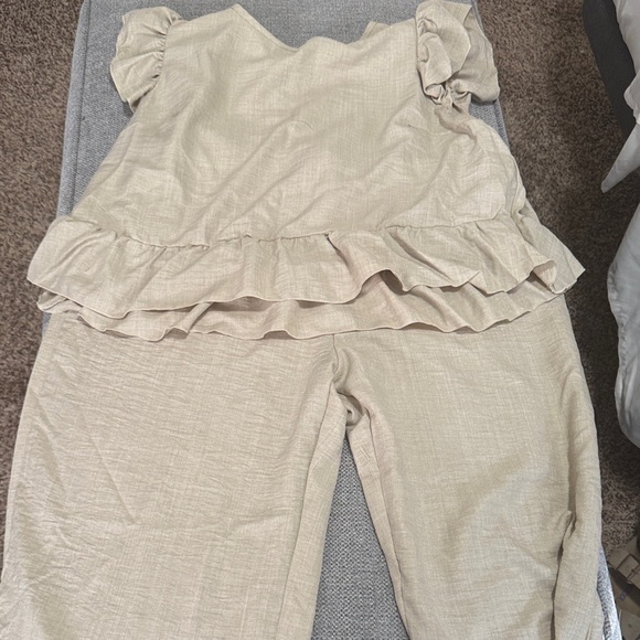 SHEIN Pants - SHEIN Beige Ruffle Wide Leg Jumpsuit